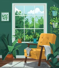 Wall Mural - Yellow Armchair in Green Room with Window View