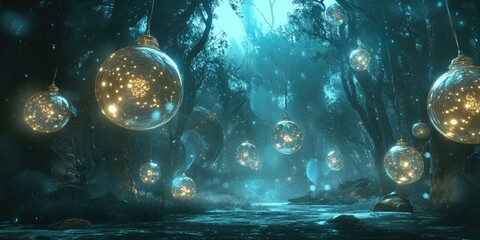 Wall Mural - Enchanted forest with glowing orbs hanging.