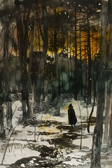 Canvas Print - Man Walking Through Winter Forest Illustration