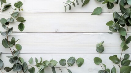 Poster - Frame border of eucalyptus branches isolated on white wood background. lie flat, top view