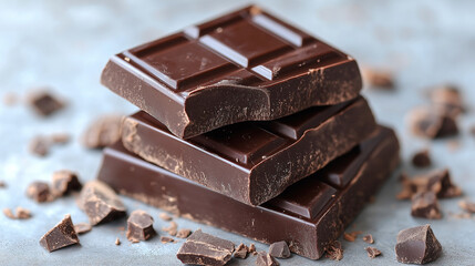 Dark chocolate stack, chips and powder with chocolate bars