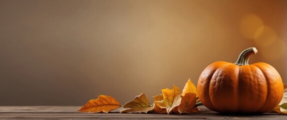 Wall Mural - Pumpkin and Autumn Leaves on a Wooden Table