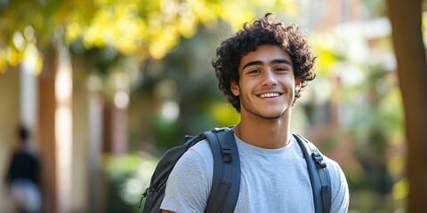 Canvas Print - Smiling young male college student with curly hair and a backpack 