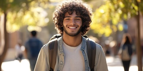 Wall Mural - Smiling young male college student with curly hair and a backpack