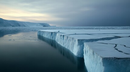 a melting glacier in the Arctic, with large chunks of ice breaking off