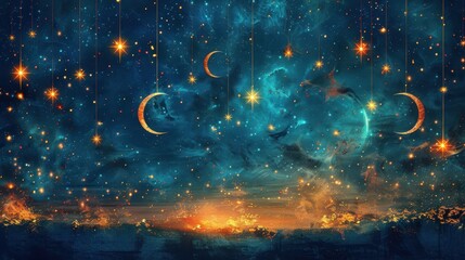Poster - Golden Moons and Stars Hanging in a Night Sky with a Glittering Horizon