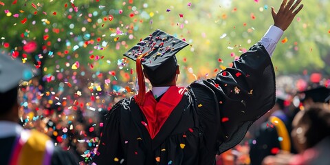 rear view photography of college graduate students celebrating graduation, confetti in the air 