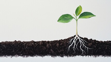 New life emerging, soil and roots, chemical-free, clean composition, watercolor style