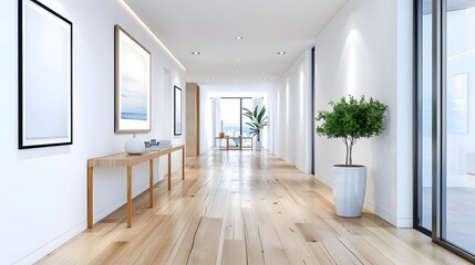 A hallway with light wooden floors, white walls, and simple black-framed artwork hung in a straight line. Minimalist Art Media realistic