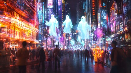 A parade of holographic ghosts floating through the streets of a cyberpunk city, with spectators in high-tech costumes, during Halloween