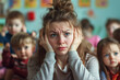© Keitma - Daycare teacher overwhelmed with too many kids in her classroom