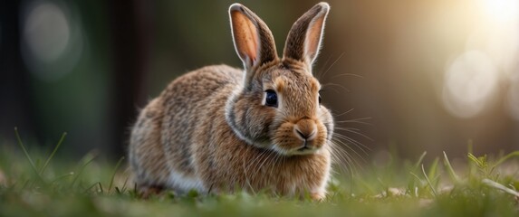 A Brown Rabbit Resting in Tall Green Grass