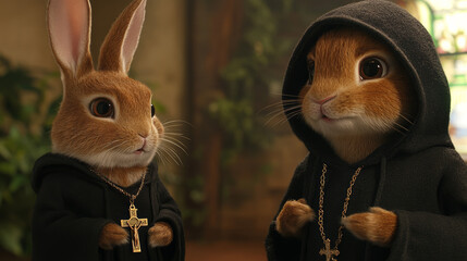 A rabbit wearing a black hoodie is chatting with another rabbit, holding a rosary in her hand. --ar 16:9 --v 6.1 Job ID: 1cf3b14f-a0a7-4b78-8c72-e8f8366c6a45