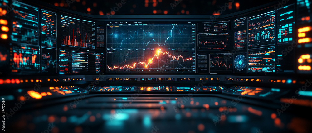 Futuristic data analysis dashboard displaying financial charts, graphs ...