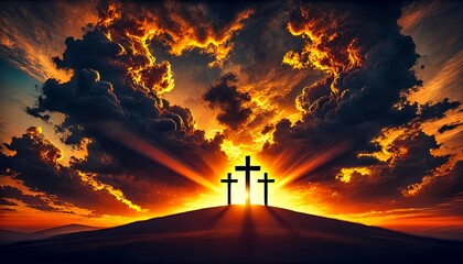 Wall Mural - A dramatic landscape featuring three crosses on a hill silhouetted against a radiant sunset, with the sun's rays breaking through thick, dark clouds