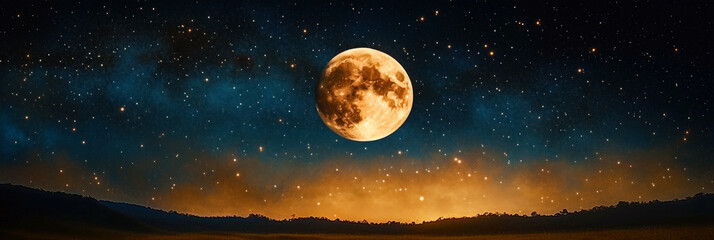 Wall Mural - Giant full moon shining over night landscape with milky way in the background