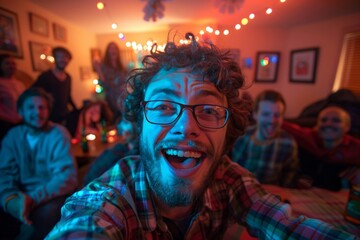 Excited man taking selfie with friends at house party