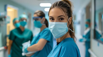 Wall Mural - Healthcare professionals wearing masks and gloves in a hospital