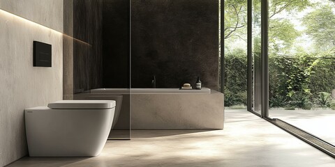 Poster - Modern bathroom with bathtub, toilet, and window.