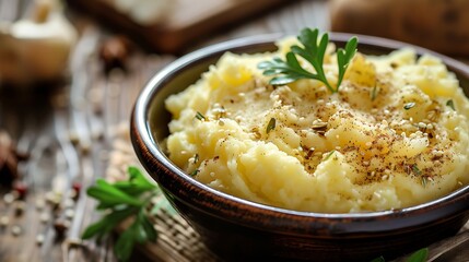 Wall Mural - A warm silky bowl of potato mashes with new spices on top