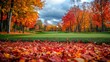 © LailaBee - Autumn Golf Course with Vibrant Fall Foliage and Colorful Leaves on the Ground Under a Cloudy Sky