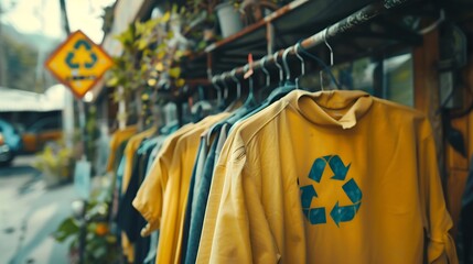 A yellow apparel on an attire rack with a fuzzy backdrop and a recycle sign