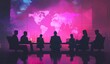 © TigerDude - A business team in silhouette is having a meeting at a conference table, with a world map displayed on a digital screen