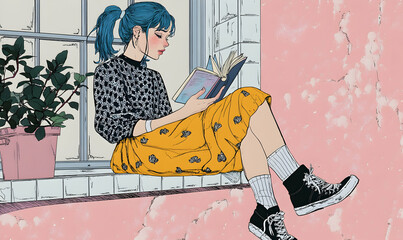 A young woman with blue hair sits by the window, reading a book.