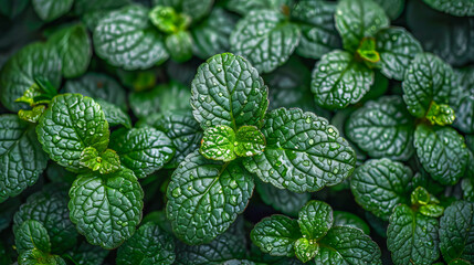 fresh green mint leaves growing showing texture and water droplets