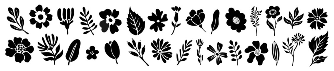 Wall Mural - Set of flower and leaves silhouettes. Hand drawn floral design elements, icons, shapes. Wild and garden flowers, leaves black and white outline illustrations on transparent background.