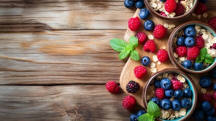 Wall Mural - Vegan breakfast with oatmeal, berries, and mint.