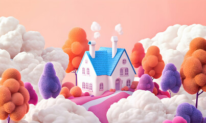 3D cartoon illustration of a cute house on a cloud with pink and orange trees.