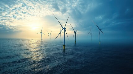 Wind turbines at sea, capturing wind energy far from the shore