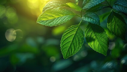 Wall Mural - Close-up of lush green leaves bathed in sunlight, creating a vibrant and peaceful scene.