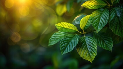 Wall Mural - Close-up of lush green leaves bathed in sunlight, creating a vibrant and peaceful scene.