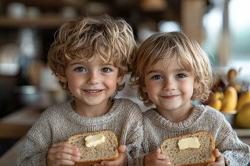 Wall Mural -  two boys enjoying breakfast together in a cozy kitchen setting