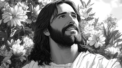 Coloring book. Jesus walks among the flowers.