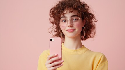 A young woman with curly hair holds a phone, smiling against a pink background, showcasing modern technology and youthful style.