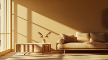 Contemporary living room with daylight background, Beige white sofa couch in living room, freshness moment mockup interior,generative AI computer design.