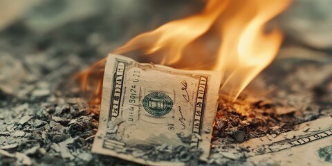 A dollar bill burns in ashes and flames.