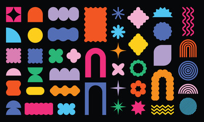 Abstract geometric shapes. Colorful modern brutal forms and figures on black background