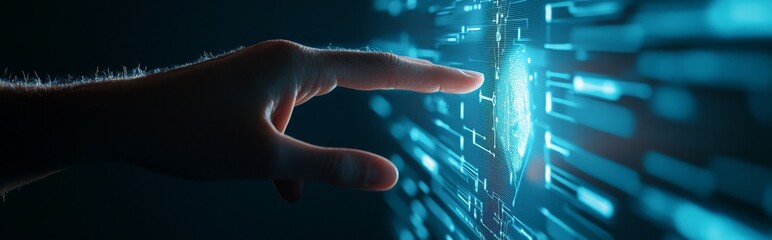 Poster - Data transformation concept for next generation technology era with stock and machine learning. Hands touching big data structures, digital data network connections, and data transformation.