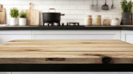Fototapete - Background of a blurry kitchen bench and a wooden table with an empty space behind it.