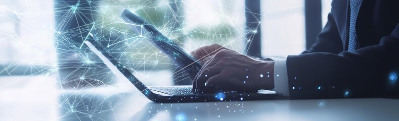 Poster - Data exchange, Information transfer, data science analytics and internet technology are all used by businessmen as they synchronize data of their business on computers and devices with global