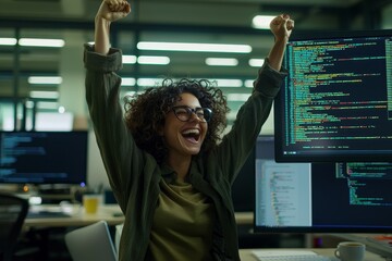 this is a photo of a lovely, smiling software developer sitting on a comfortable armchair at her wor