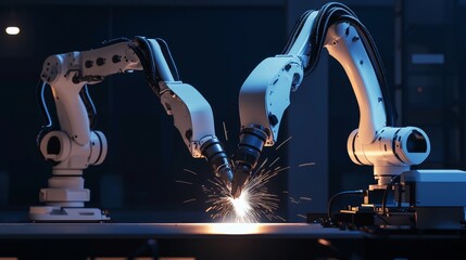 Poster - Mechanical engineers use computers to control robotic arms for welding steel in a steel factory workshop : Stock Industry robot programming software for automated manufacturing technology