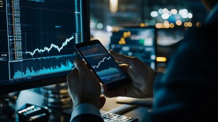 Aufkleber - Discussion on the phone with two business traders about dynamic stock market online, comparing them with pc screens in real time currency rate investment on risk data at modern office: Stocks.