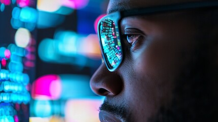 Leinwandbilder - Programmer or IT person in glasses reading script programming and cybersecurity research on: Stock. Software coding hologram and woman in data analytics information technology.