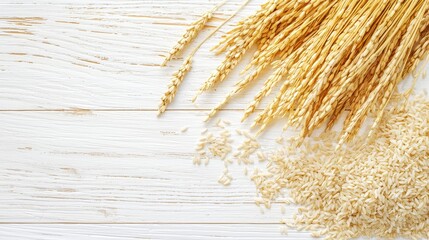 Top view of vintage rustic background with wheat rye oats on white wooden board