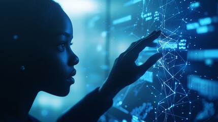 Aufkleber - An African American woman operates a holographic screen and communicates over a global communication network. Wide angle visual for banners or advertisements: Stock image